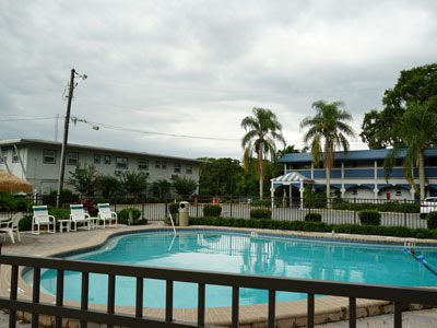 Close up view of Pool, Executive and Riverview Buildings